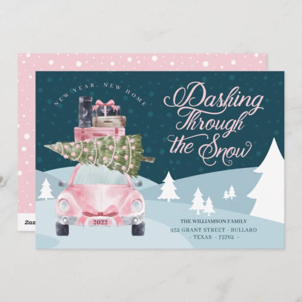New Year New Home Snowy Pink Retro Watercolor Car Holiday Card