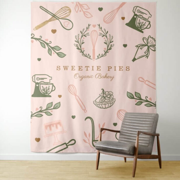 Pink & Olive Green Baking & Cooking Utensil Bakery Tapestry