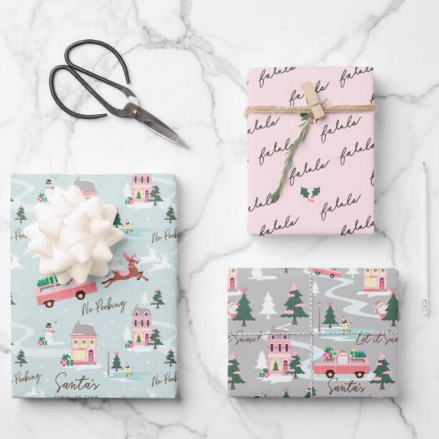 Santa's Comin' To Town Pink Retro Van Wrapping Wrapping Paper Sheets