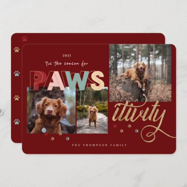Season For Pawsitivity Fun Pet 3 Photo Collage Red Holiday Card