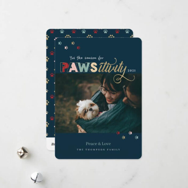 Season For Pawsitivity Navy Blue Pet Dog Photo Holiday Card