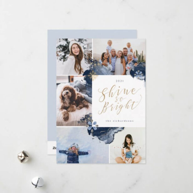 Shine So Bright & Navy Gold Agate Ink Five Photo Blue Holiday Card