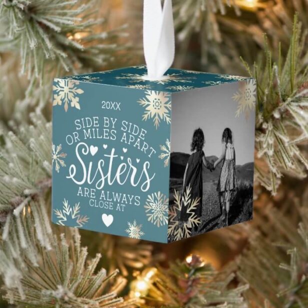 Sisters Connected At Heart Photo Keepsake Blue Cube Ornament