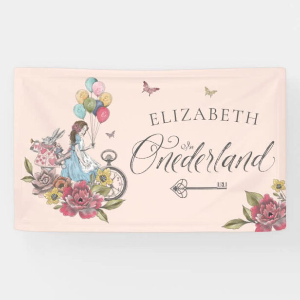 Watercolor Vintage Alice In ONEderland Birthday Banner