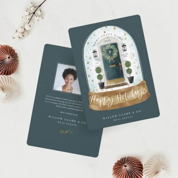 Festive Green Watercolor Door Snow Globe Business Holiday Card