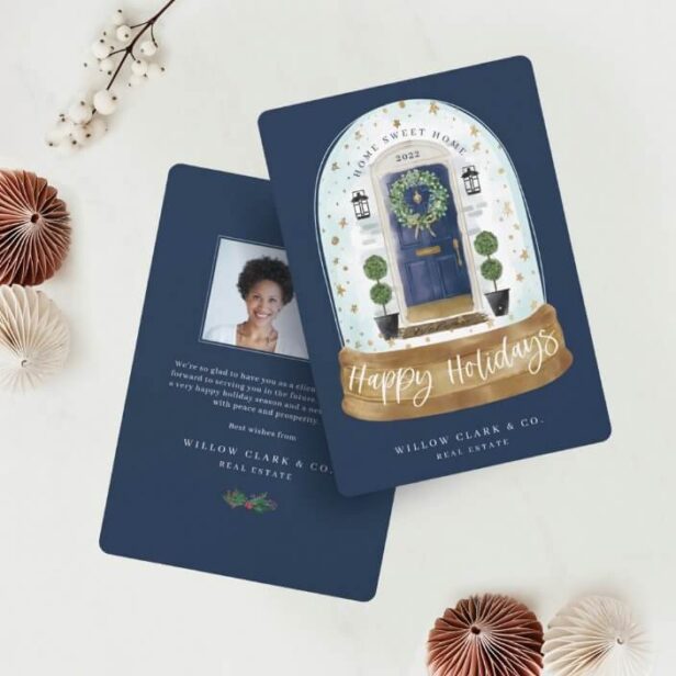 Festive Navy Watercolor Door Snow Globe Business Holiday Card