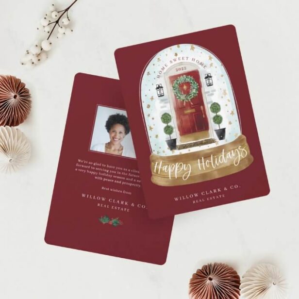 Festive Red Watercolor Door Snow Globe Business Holiday Card