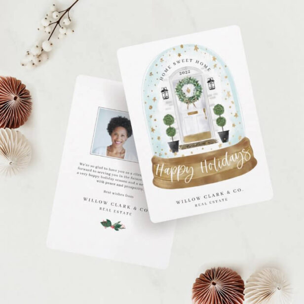 Festive White Watercolor Door Snow Globe Business Holiday Card