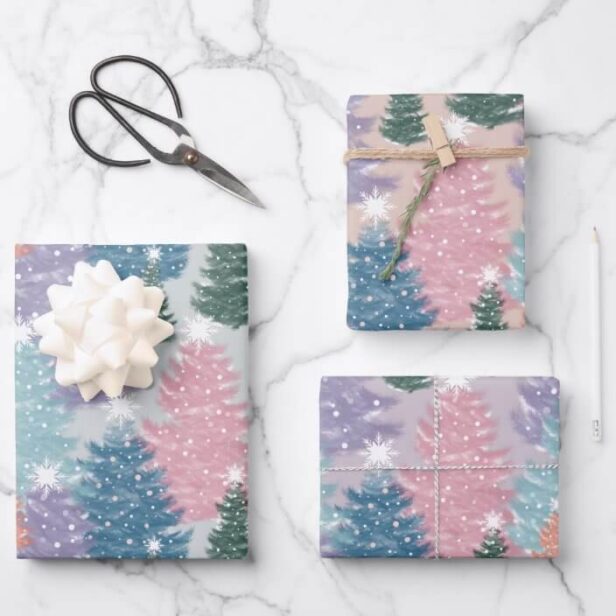 Pastel Watercolor Christmas Tree Forest Snowflake Wrapping Paper Sheets