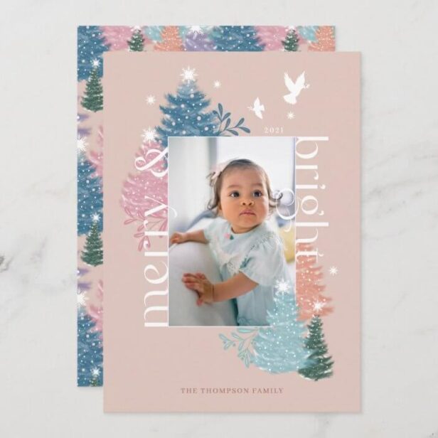 Merry & Bright Pastel Christmas Tree Forest Photo Blush Pink Holiday Card