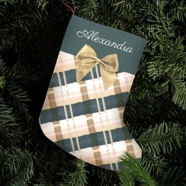 Abstract Festive Green Pink Gold Bow Personalized Small Christmas Stocking