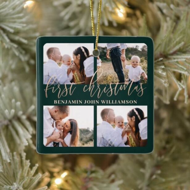 Baby First Christmas Green Gold Script Four Photo Ceramic Ornament