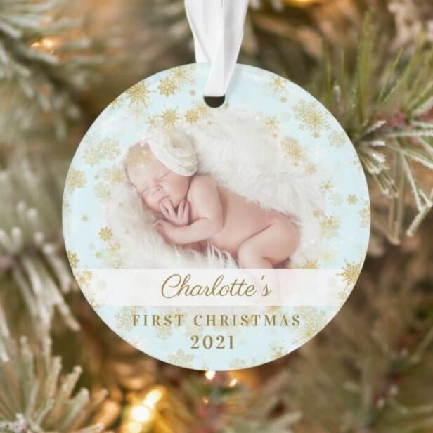 Baby First Christmas Magical Gold Snowflakes Green Photo Ornament