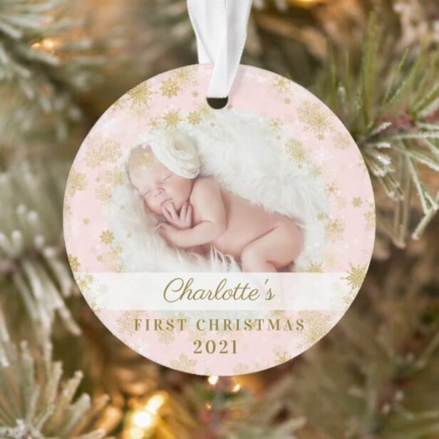 Baby First Christmas Magical Gold Snowflakes Photo Pink Ornament