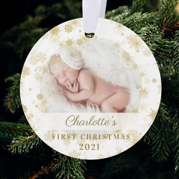 Baby First Christmas Magical Gold Snowflakes Photo White Ornament