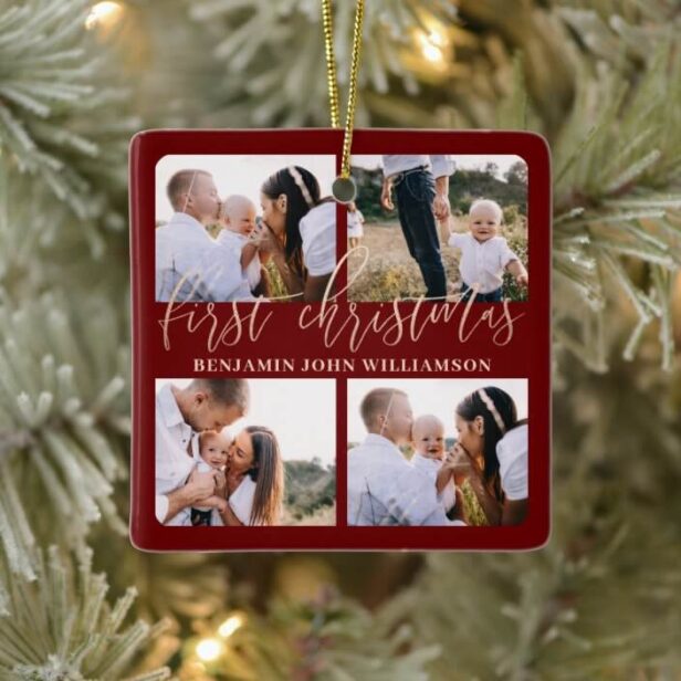 Baby First Christmas Red Gold Script Four Photo Ceramic Ornament