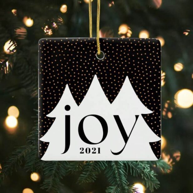 Black & Gold Confetti Christmas Tree Joy Photo Ceramic Ornament