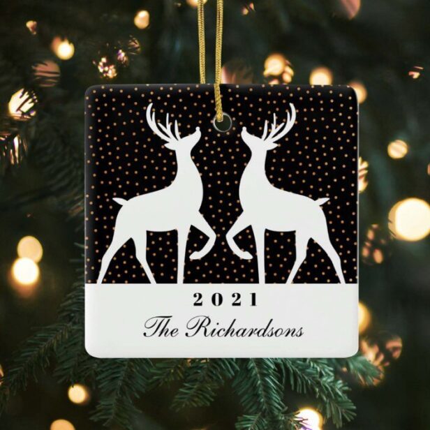 Black & Gold Confetti Reindeer Joy Family Photo Ceramic Ornament