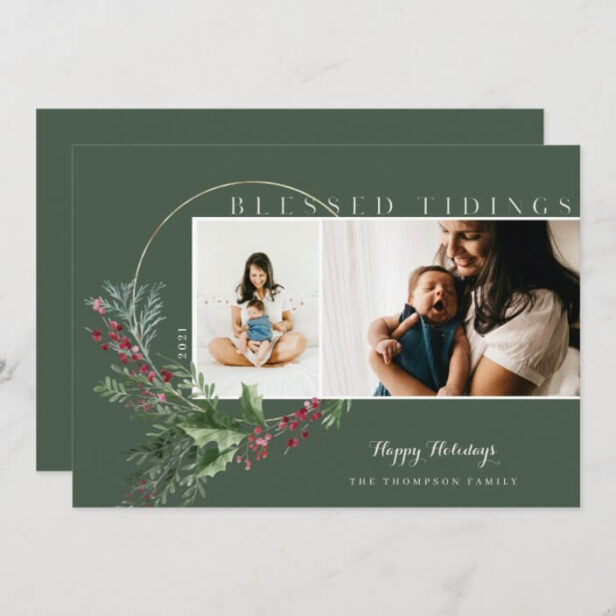 Blessed Tidings Watercolor Greenery Wreath Photos Green Holiday Card