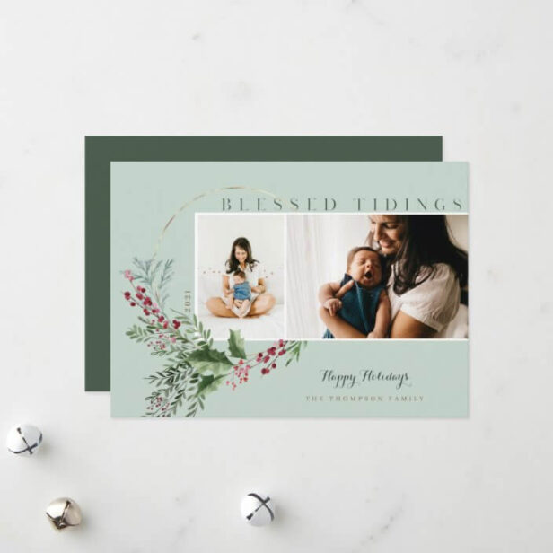Blessed Tidings Watercolor Greenery Wreath Photos Mint Green Holiday Card