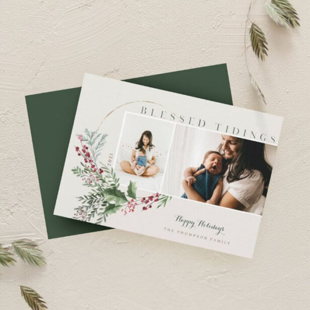 Blessed Tidings Watercolor Greenery Wreath Photos White Holiday Card