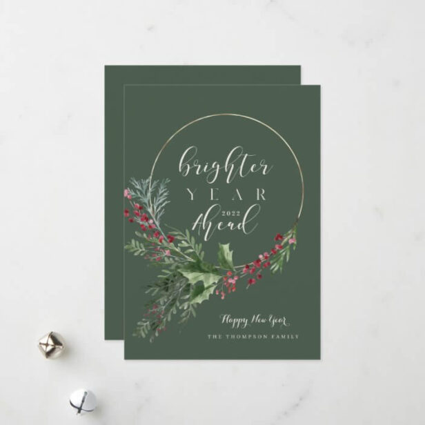 Brighter Year Ahead Watercolor Wreath New Year Green Holiday Card