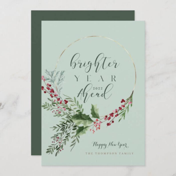 Brighter Year Ahead Watercolor Wreath New Year Mint Green Holiday Card