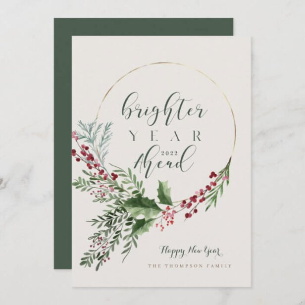 Brighter Year Ahead Watercolor Wreath New Year Grey & Green Holiday Card