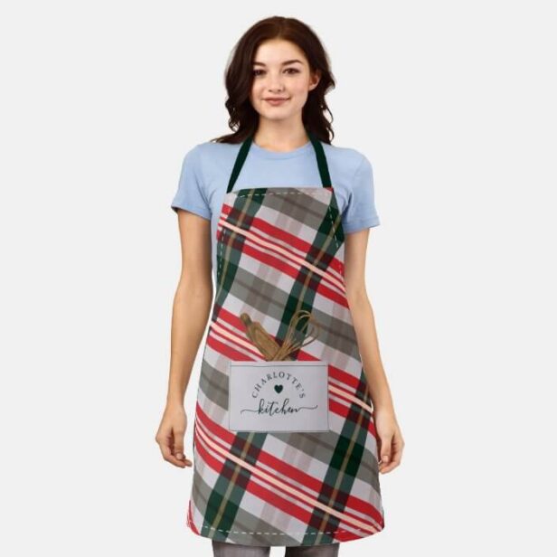 Candy Cane Plaid Fake Pocket & Wooden Spoon Whisk Apron
