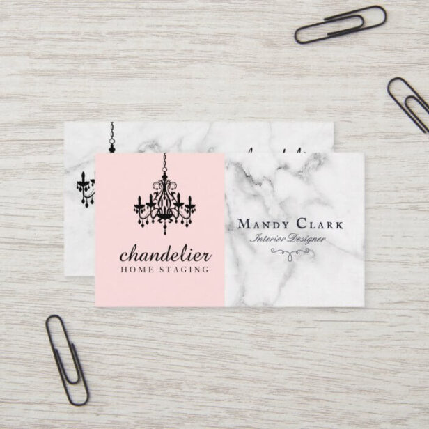 Chic Antique Black Chandelier Marble & Pink Business Card