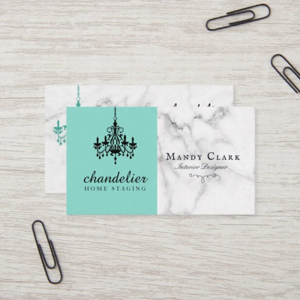 Chic Antique Black Chandelier Marble & Teal Business Card