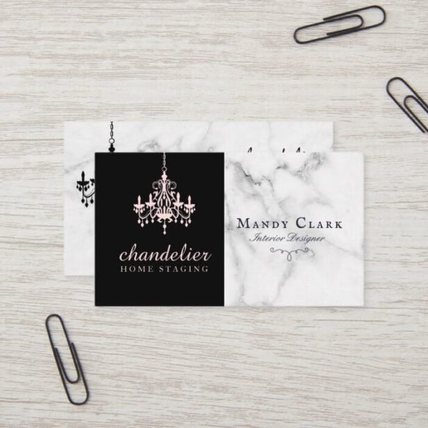 Chic Antique Pink Chandelier Marble & Black Business Card