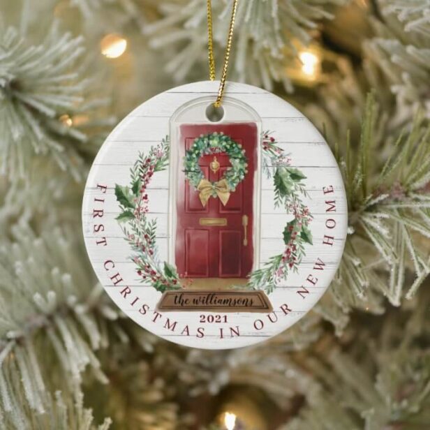 Christmas New Home Red Watercolor Door Photo Ceramic Ornament