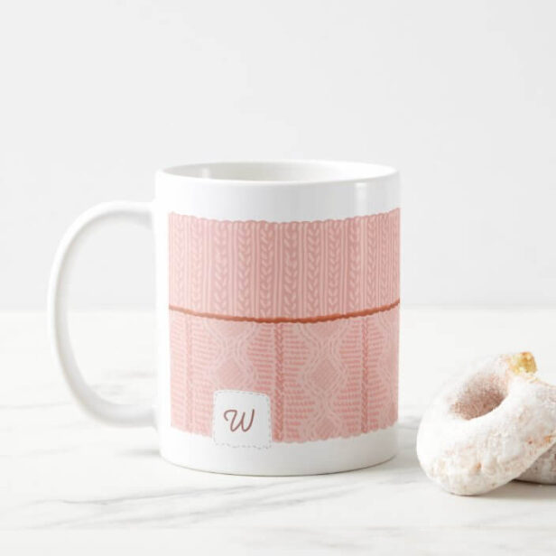 Cozy & Warm Knitted Pink Sweater Sleeve Monogram Coffee Mug