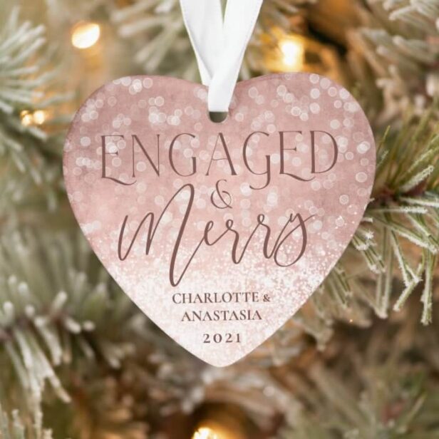 Engaged & Merry Rose Gold Twinkling Lights Photo Ornament
