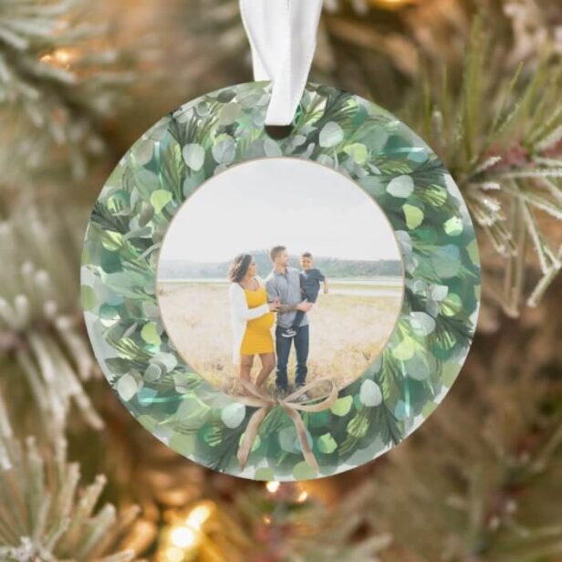 Festive Watercolor Greenery Wreath Family Photo Ornament
