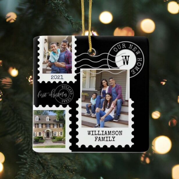 First Christmas New Home Fun Postage Stamp Photos Black Ceramic Ornament