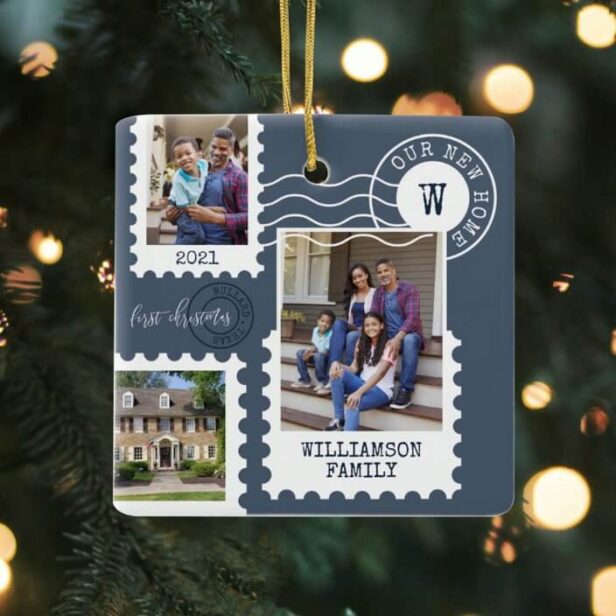 First Christmas New Home Fun Postage Stamp Photos Blue Ceramic Ornament