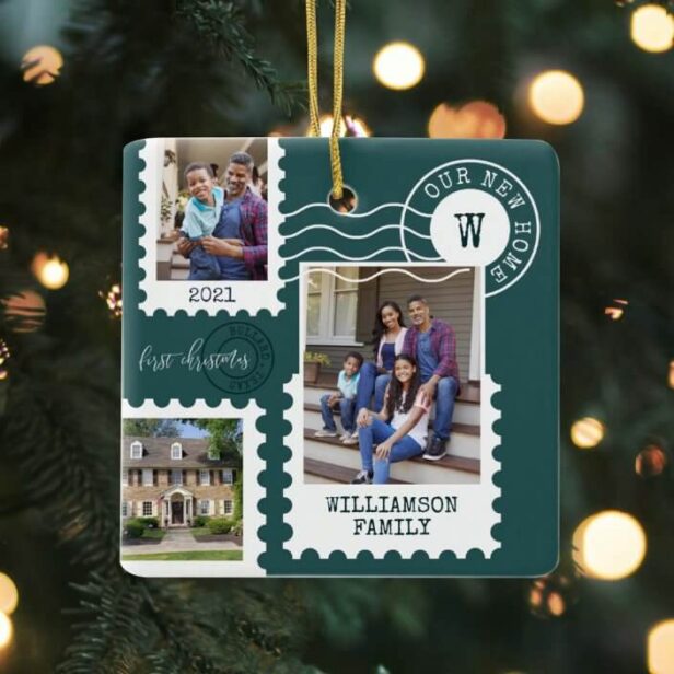 First Christmas New Home Fun Postage Stamp Photos Green Ceramic Ornament