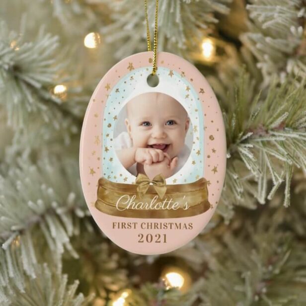 First Christmas Pink Baby Photo & Name Snow Globe Pink Ceramic Ornament