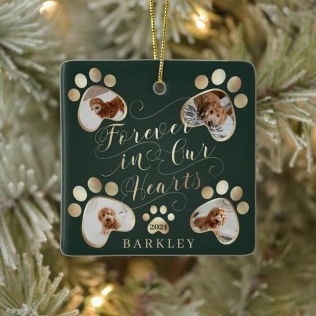 Forever in Our Hearts Paw Print Photo Pet Memorial Green Ceramic Ornament