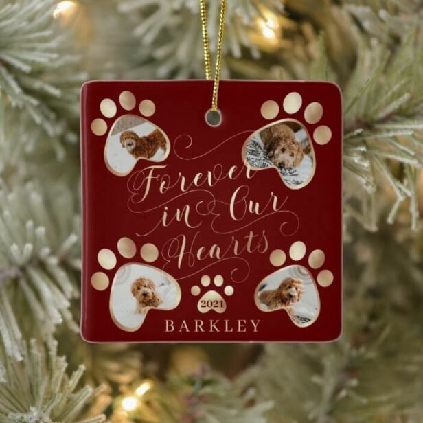 Forever in Our Hearts Paw Print Photo Pet Memorial Ceramic Red Ornament