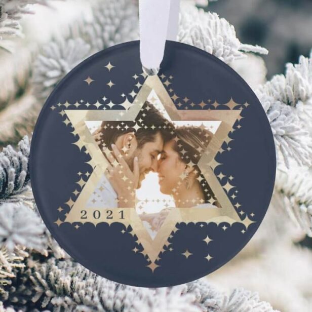 Gold Star of David Mr & Mrs First Hanukkah Photo Navy Ornament
