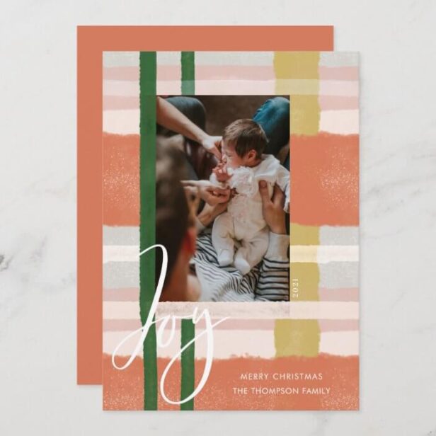 Joy | Modern Peach & Green Watercolor Plaid Photo Holiday Card