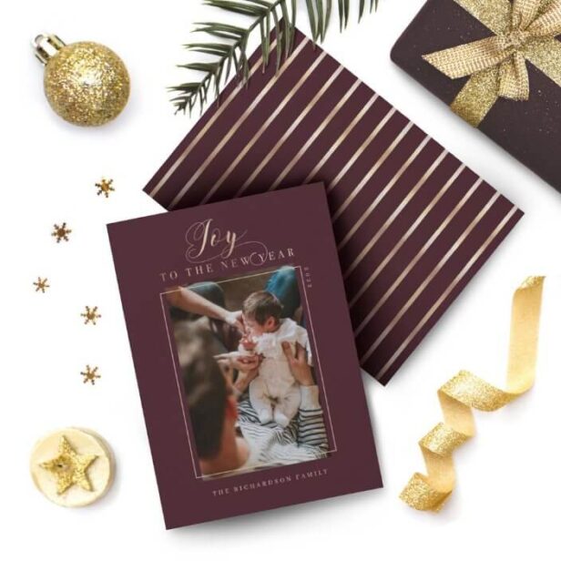 Joy to the New Year Elegant Script Photo & Stripes Burgundy Holiday Card
