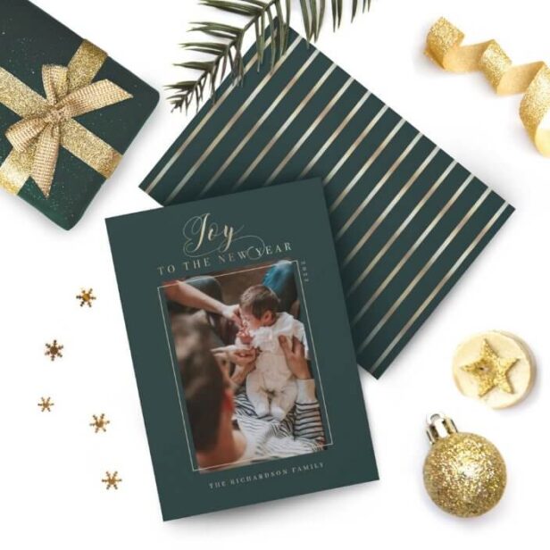 Joy to the New Year Elegant Script Photo & Stripes Green Holiday Card
