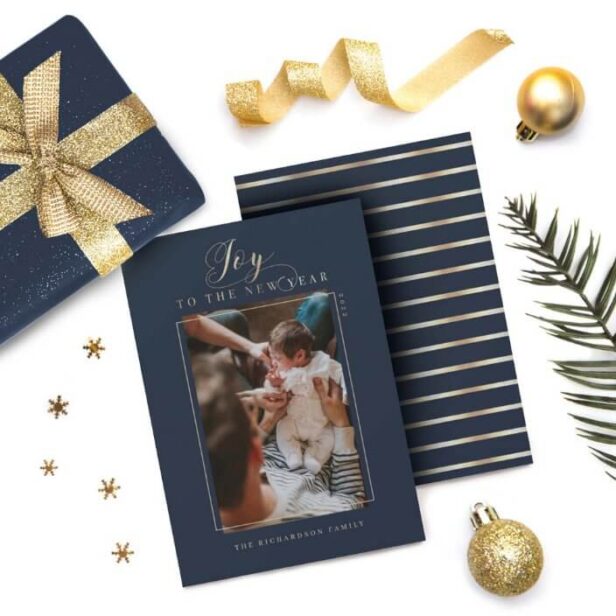 Joy to the New Year Elegant Script Photo & Stripes Navy Holiday Card