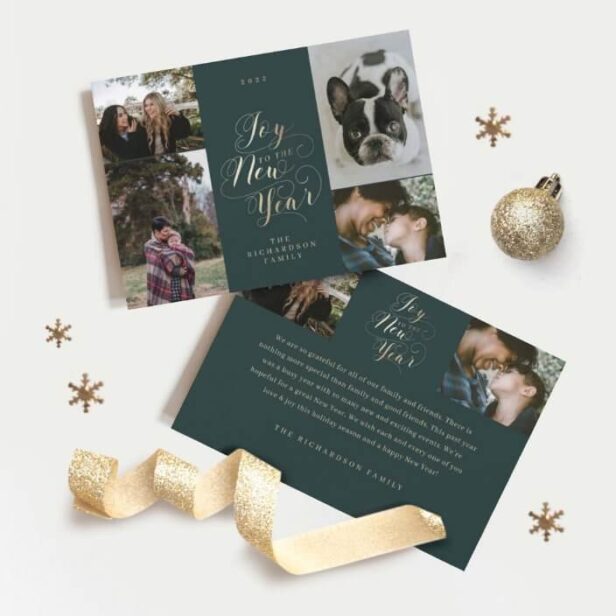 Joy to the New Year | Four Photo Elegant Script Green Holiday Card