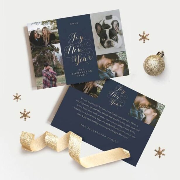 Joy to the New Year | Four Photo Elegant Script Navy Holiday Card