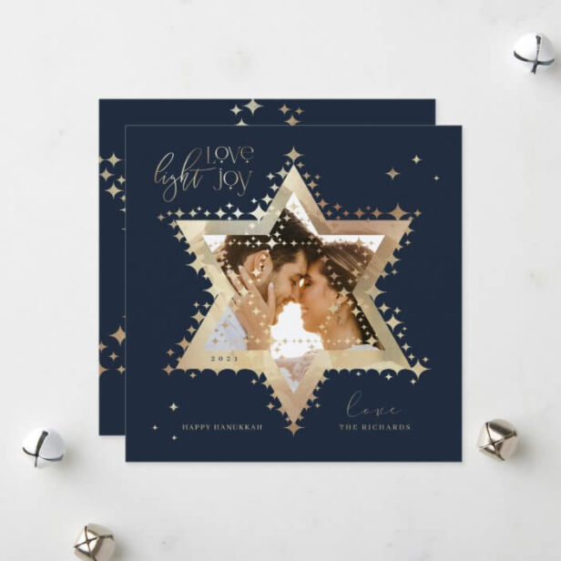 Love Joy Light Elegant Gold Star of David Photo Navy Holiday Card